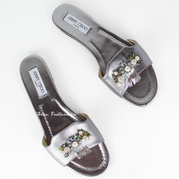 NEW JIMMY CHOO Naya Embellished Metallic Slide | Luxe Summer Party Sandals - Picture 1 of 16